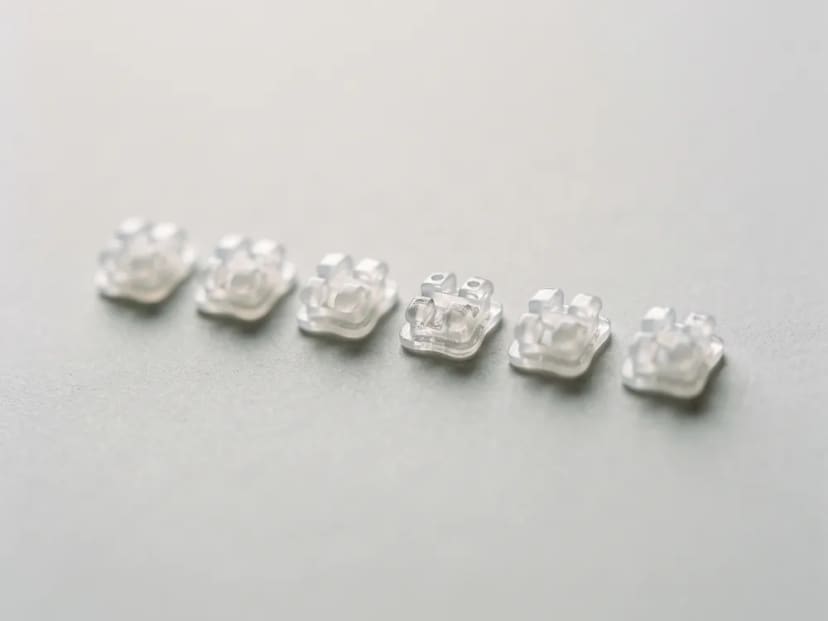 A row of tooth-coloured ceramic orthodontic brackets