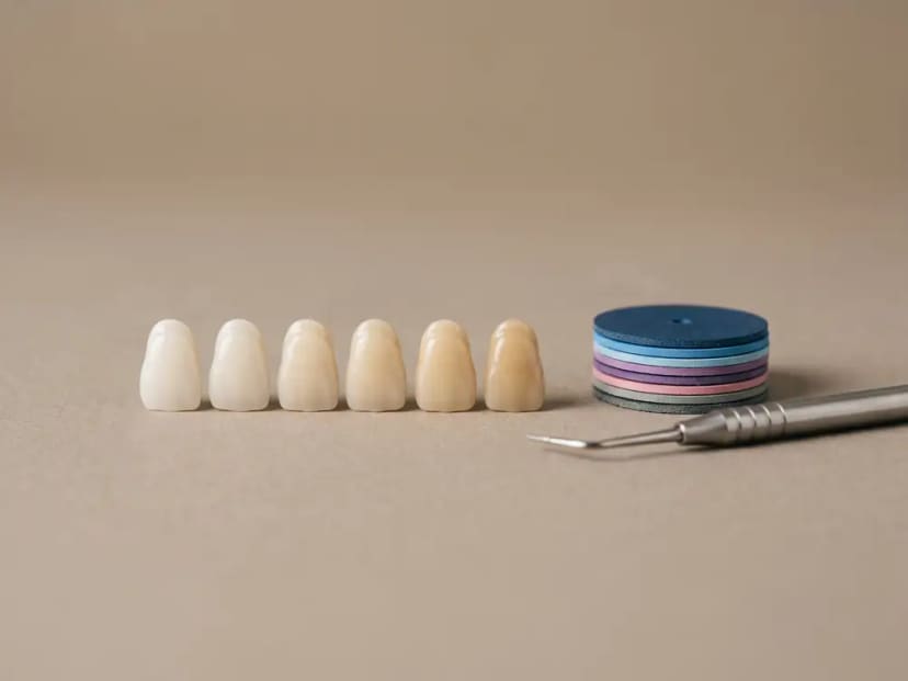 Unmarked ceramic shade tabs beside composite polishing discs