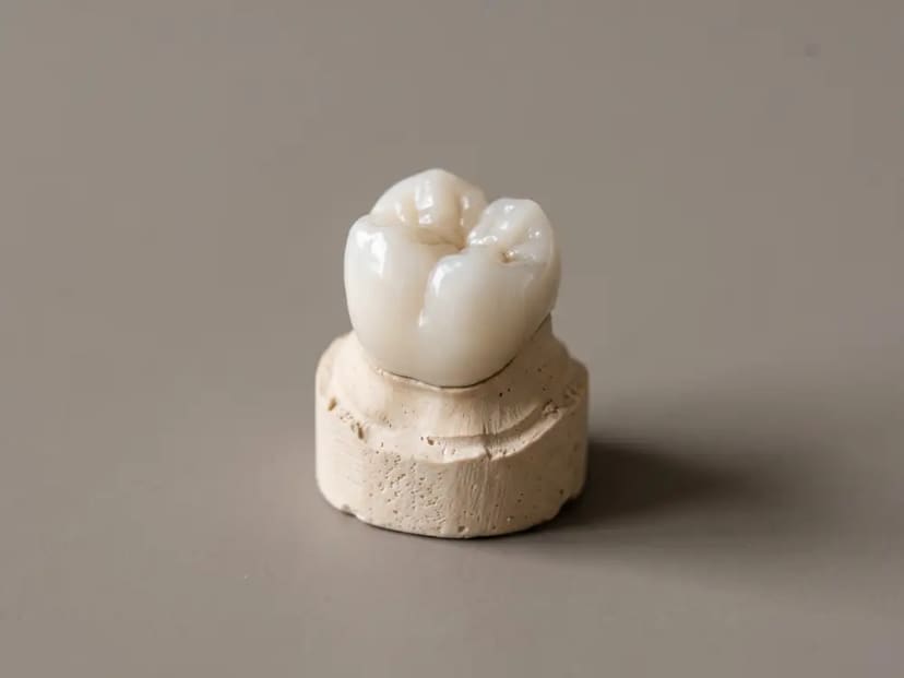 A ceramic crown resting on a laboratory die