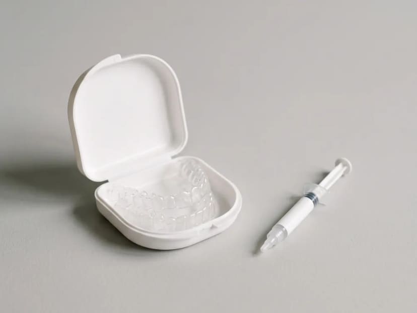Custom whitening trays in their case, beside a gel syringe